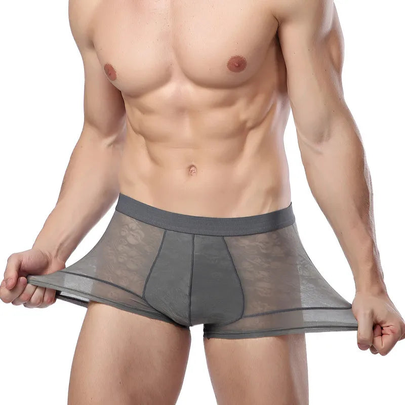 Men Boxer Underwear Sexy Ultra Thin Strectch See Through Panties Ice Silk Breathable Mid Waist Solid Underpants Male Briefs