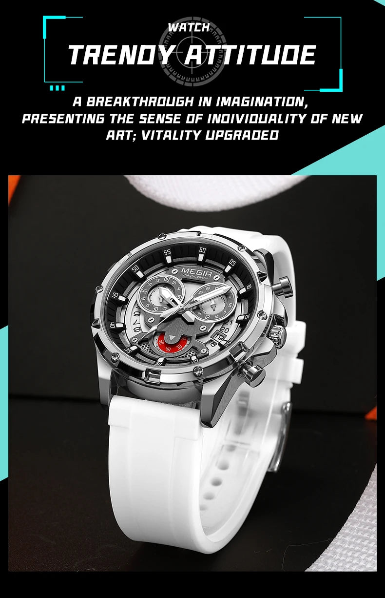 MEGIR New Sport Watches for Men Fashion Chronograph Quartz Wristwatch with Silicone Strap Luminous Hands Calendar Waterproof