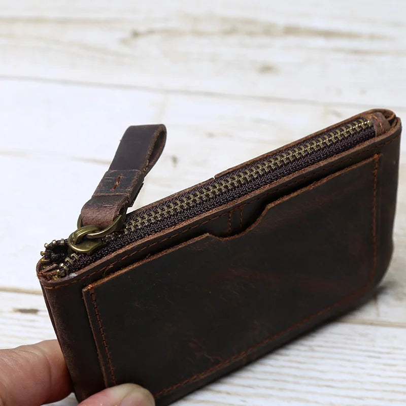 Hand-Made Leather Mini Wallet Man Retro First-Layer Cow Pickup Bag Change Purse Crazy Horse Leather Simple Driver's License Bag