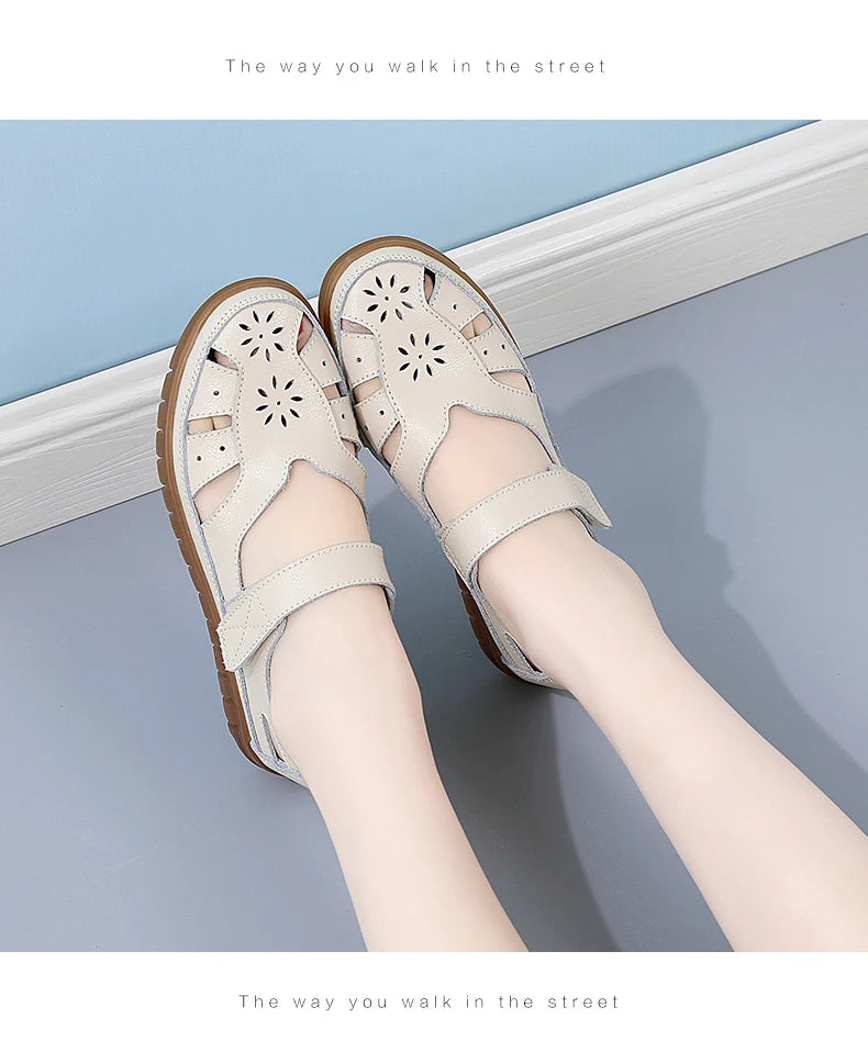 Sandals Summer Breathable Leather Slippers Women Fashion Non-Slip Casual Roman Shoes Ladies Sandals on Sale Off White Shose