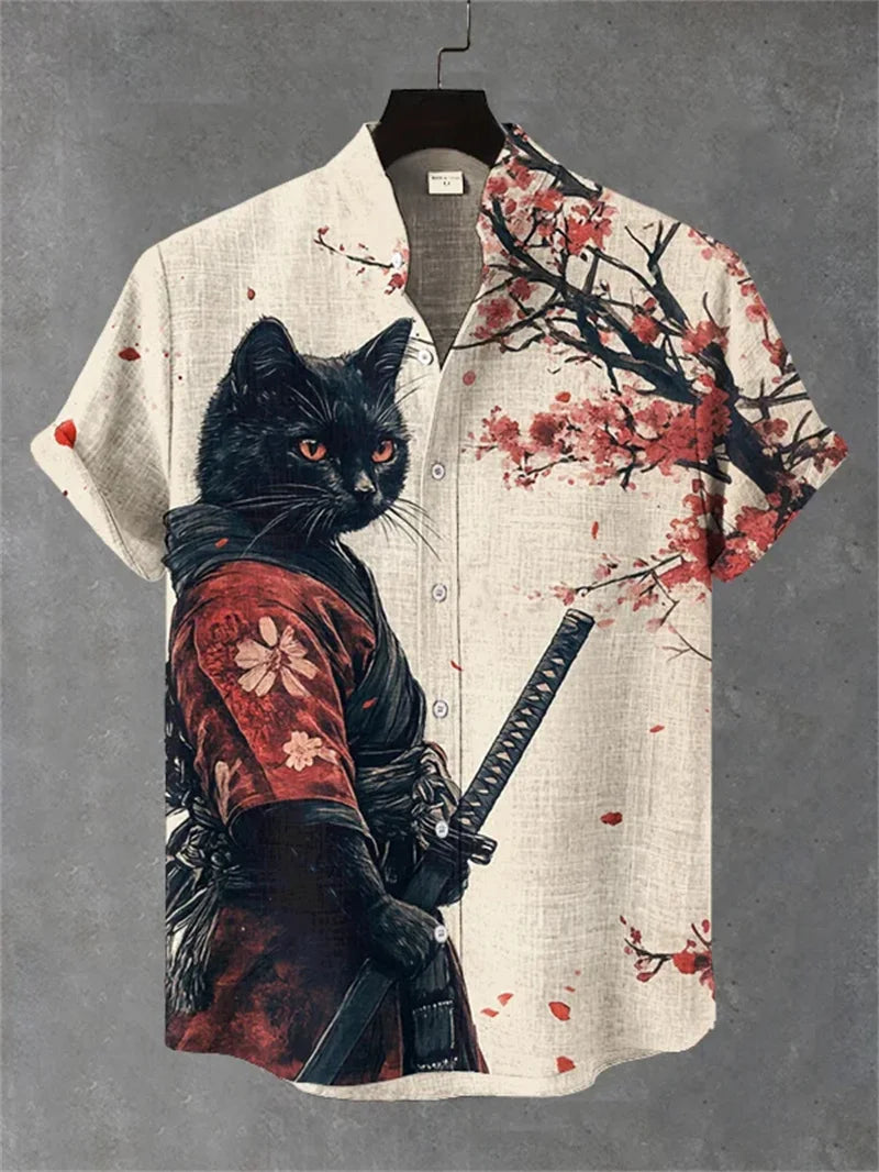 New Men's Linen Black Cat Art Shirt 3D Printed Casual Hawaiian Shirt Summer Men's Short Sleeve Shirt Beach Top