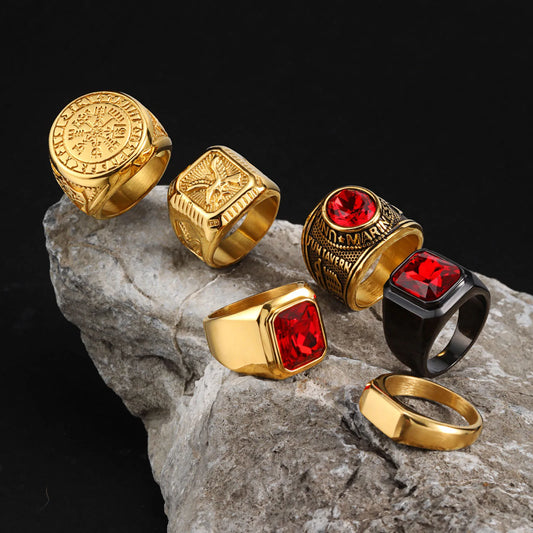 Punk Ethnic Red Stone Ring for Men,Gold Plated Stainless Steel Signet Ring,Square Round Ring Jewelry Gift