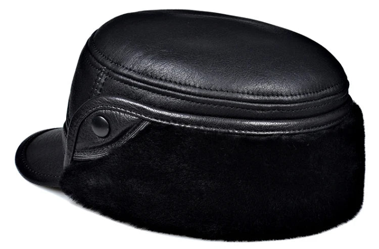 High Quality Genuine Leather Hats Winter First Layer Cowhide Warm Earmuffs Bomber Caps Plus Velvet Thicken Man Bone Caps Dad Hat