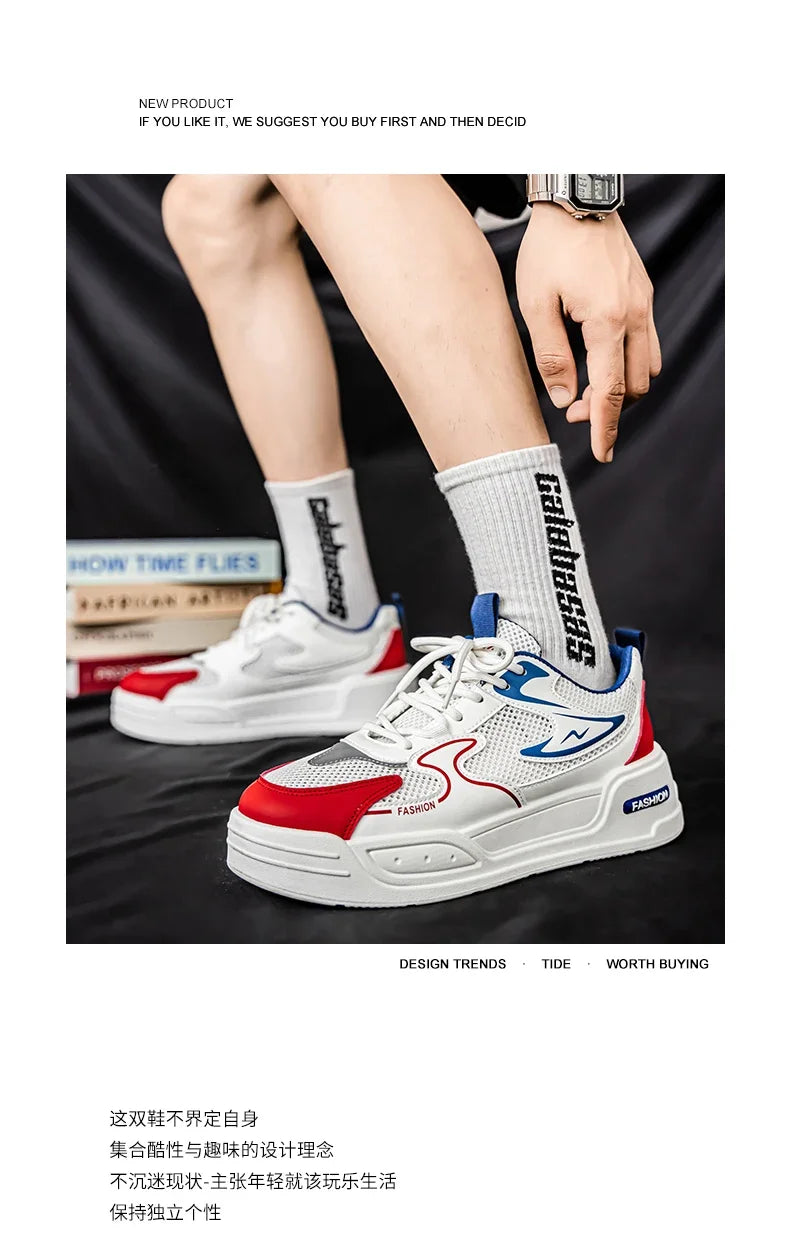 Men's Sneakers for Spring and Summer Are Breathable Fashionable Low-top Round-toe Lace-up and Color-blocked Sports Shoes