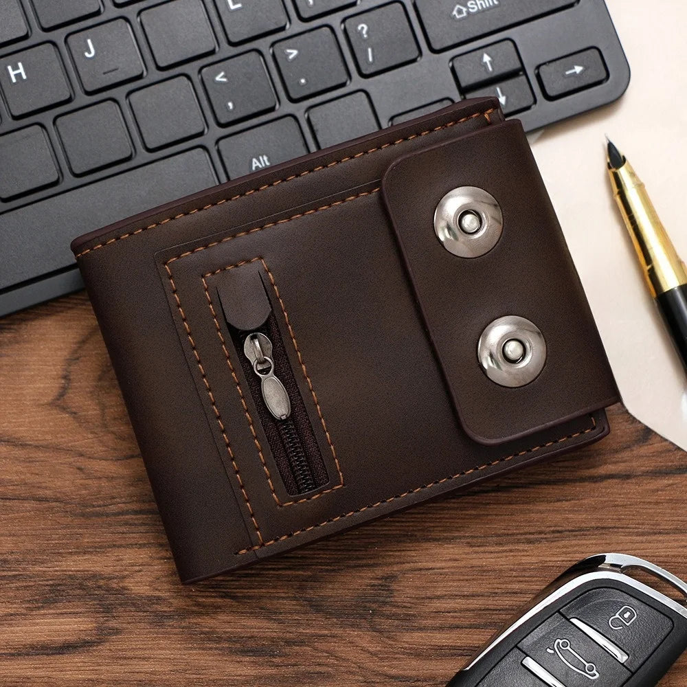 Luxury PU Leather Men's Wallet Anti-Theft Solid Color Short Card Bag Large Capacity Magnetic Buckle Business Wallet Male