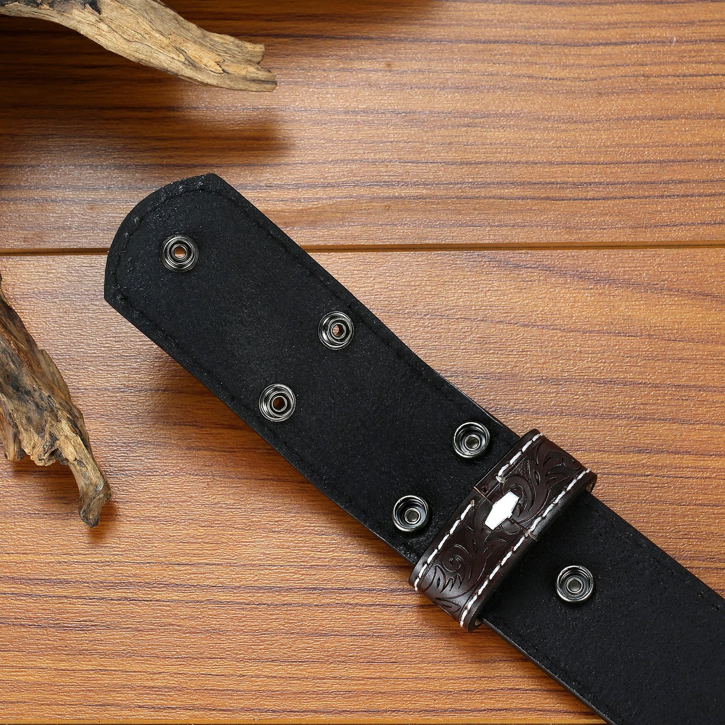 1 Pair of Genuine Leather Men's Belts (Without Buckles), Embossed Design, Feather Pattern Button Design, Convenient and Versatil