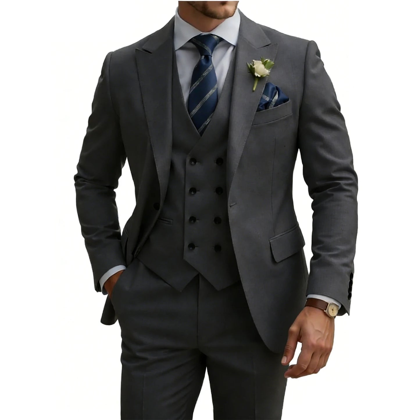 Mens 3 Piece Slim Fit For Men Double Breasted Suit Wedding Prom Suits Formal Business Dinner Tuxedo