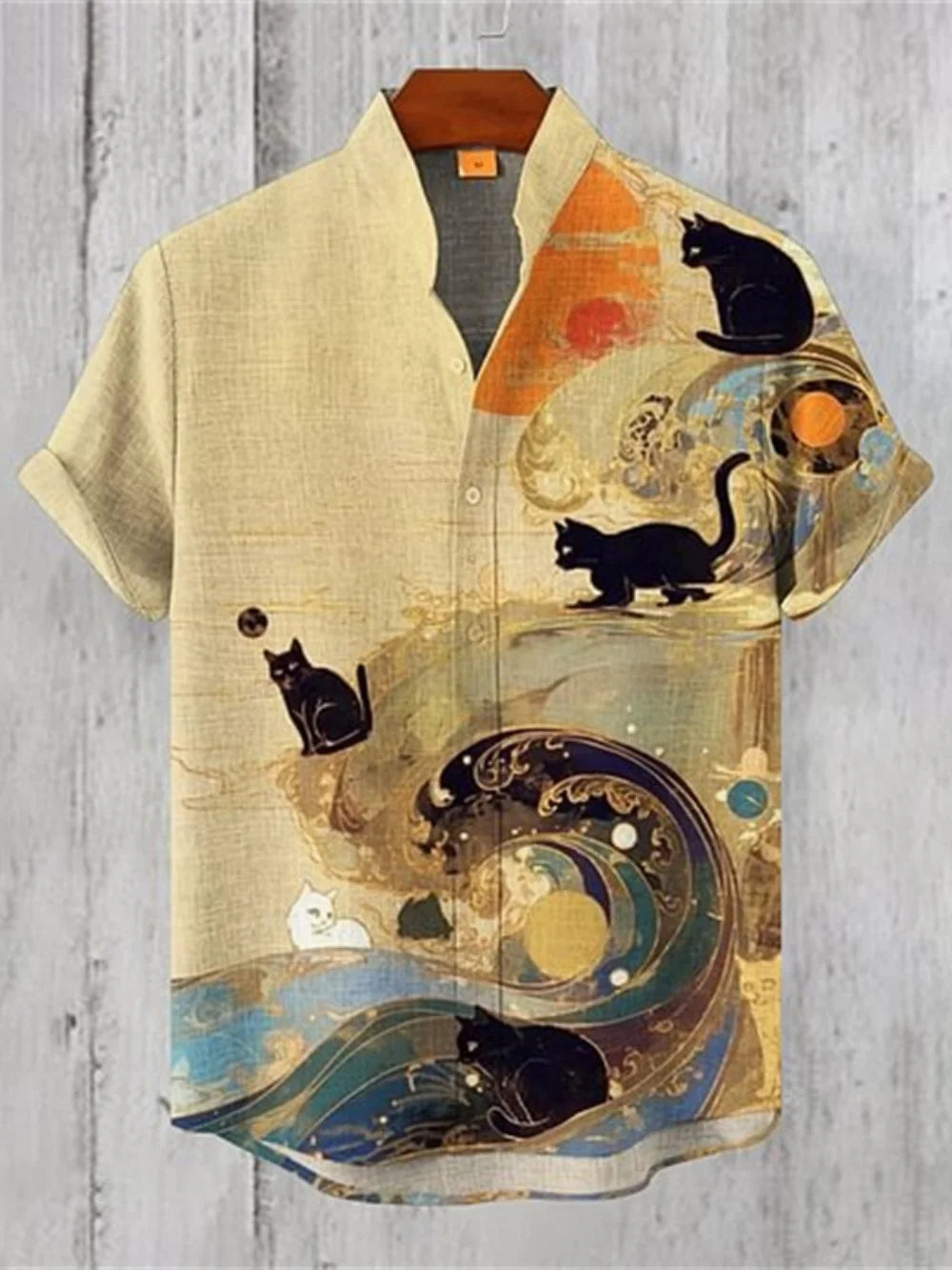Men's Hawaiian Stand up Collar Printed Linen Shirt Casual Vacation Outdoor Breathable Loose plus Size Top