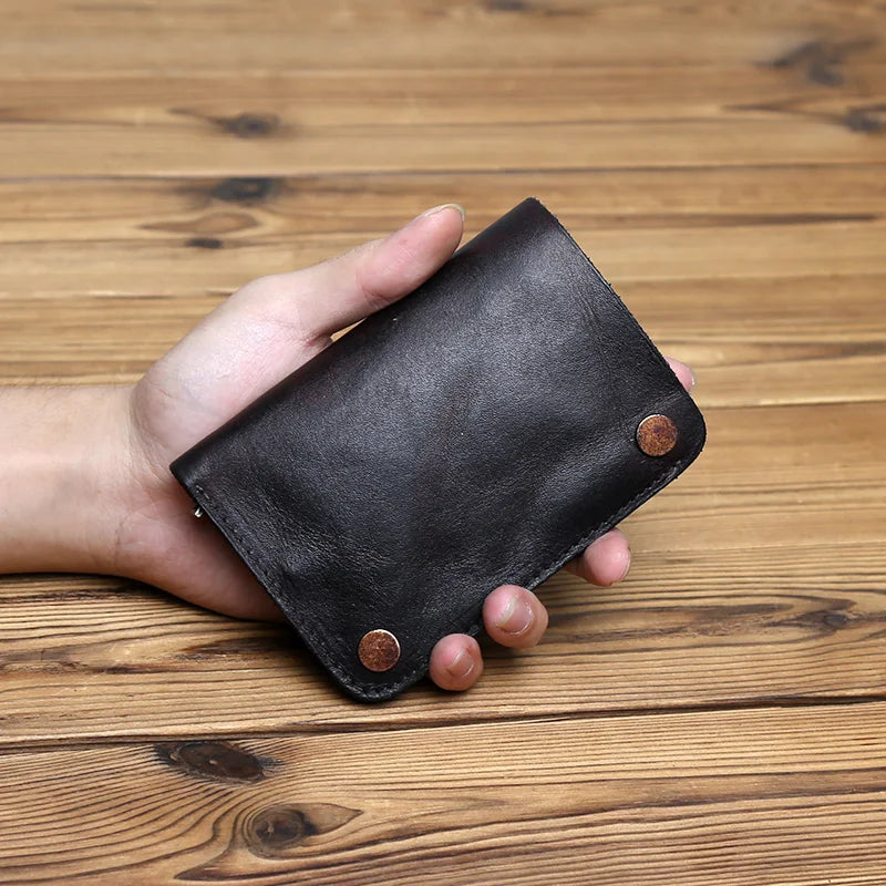 Retro Handmade Leather Wallet for Ladies Top Layer Cowhide Men's Short Wallet Wiping Color Buckle Bag Vertical Credit Card Bag