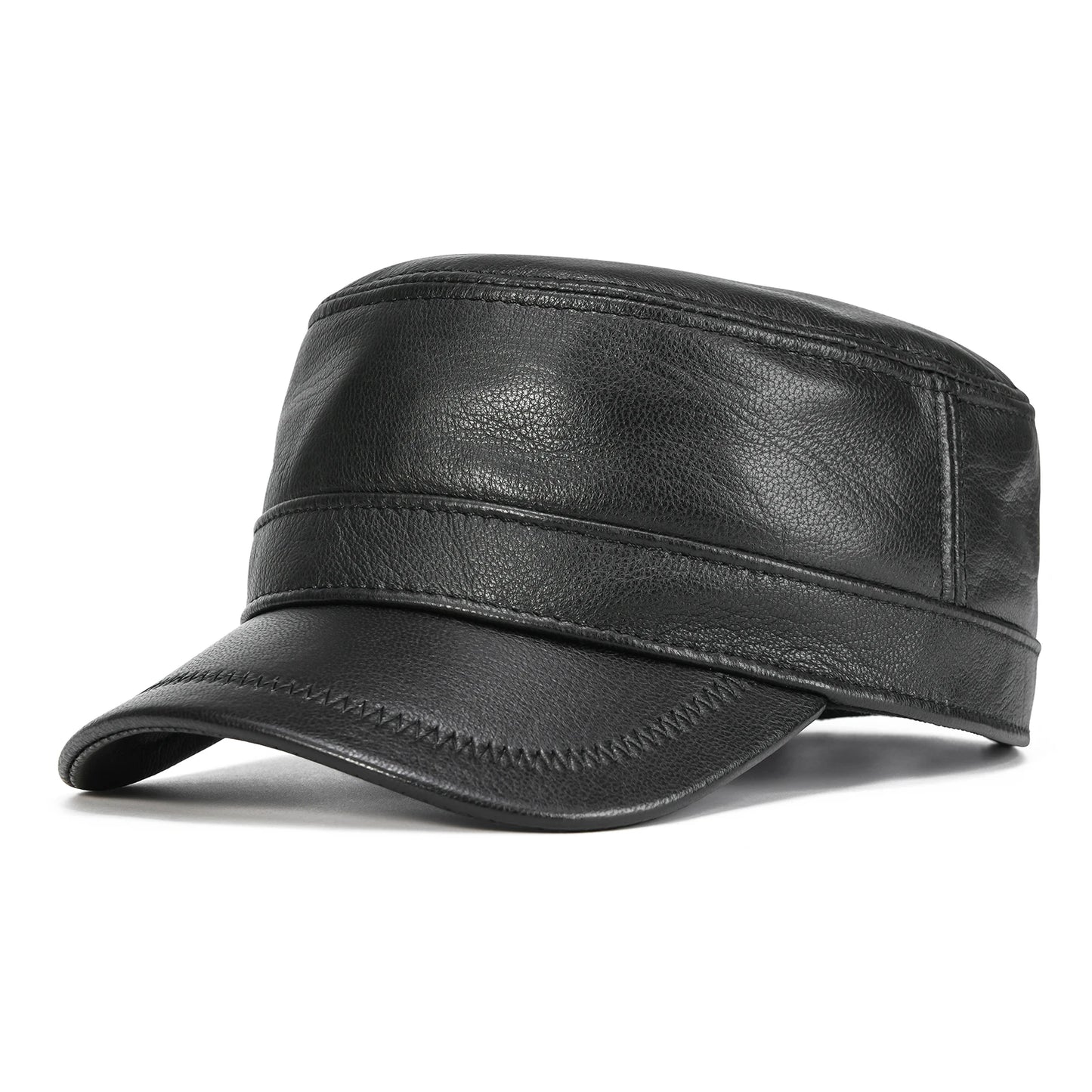 VOBOOM Winter Leather Cadet Army Cap Cabbies Adjustable Soft Flat Top Military Style Hat for Men
