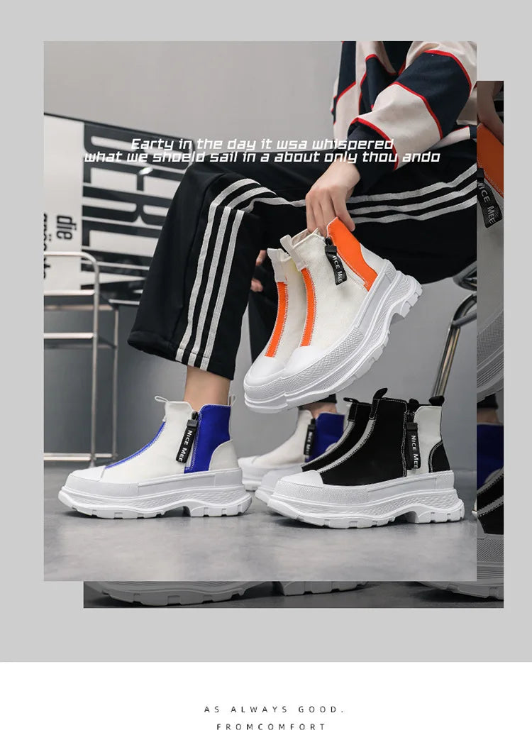 High-top Thick Soled Boots Men's Shoes for Spring Autumn Breathable Casual Chelsea Boots Men's Trend Canvass Side Zipper Sneaker