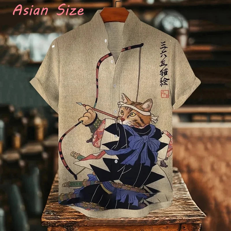 Summer Men's Retro Cartoon samurai Cat Theme Short Sleeve Shirt vintage japanese style Casual Vacation Streetwear Men's camisas