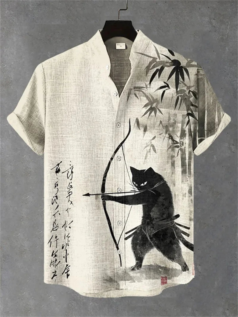New retro and stylish linen short sleeved shirt, men's samurai armor, plum blossom printed casual top