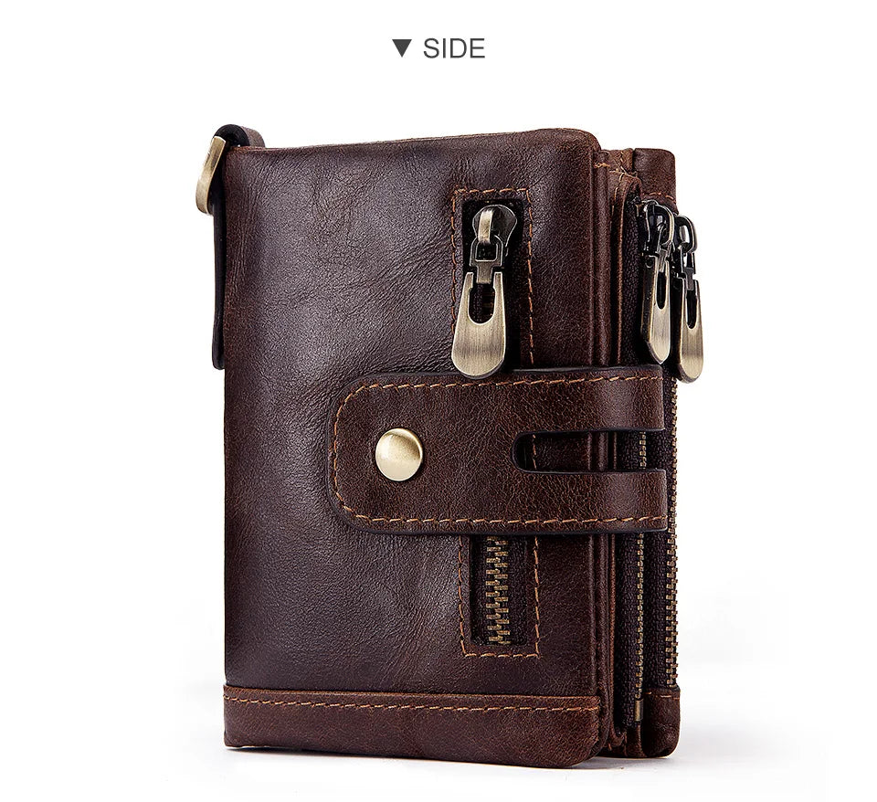 LAREET Fashion Genuine Leather Wallet With Cowhide For Men Money Card Holder Purse RFID Short Double Zipper Coin Pocket Bifold