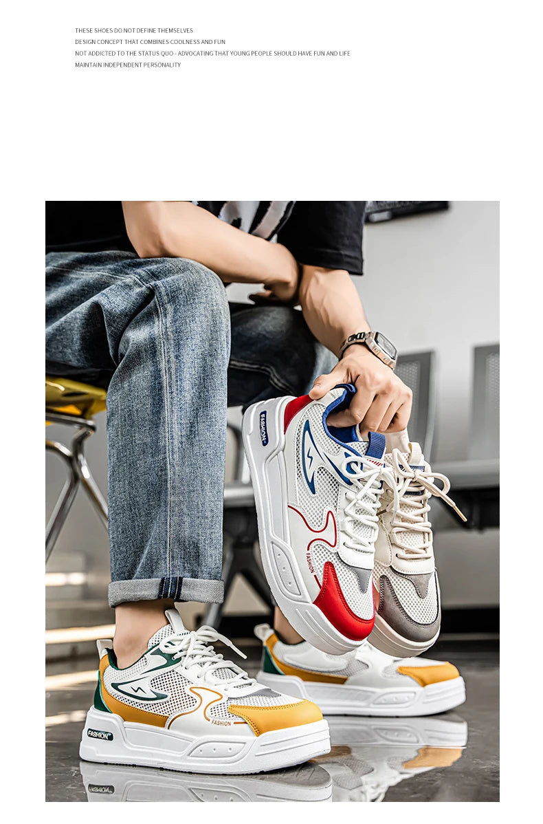 Men's Sneakers for Spring and Summer Are Breathable Fashionable Low-top Round-toe Lace-up and Color-blocked Sports Shoes