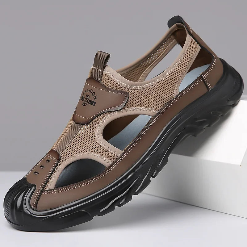 2025 Summer Beach Sandals for Men New Hollow Men's Sandals Outdoor Breathable Mens Bag Head Mesh Casual Shoes Zapatillas Hombre
