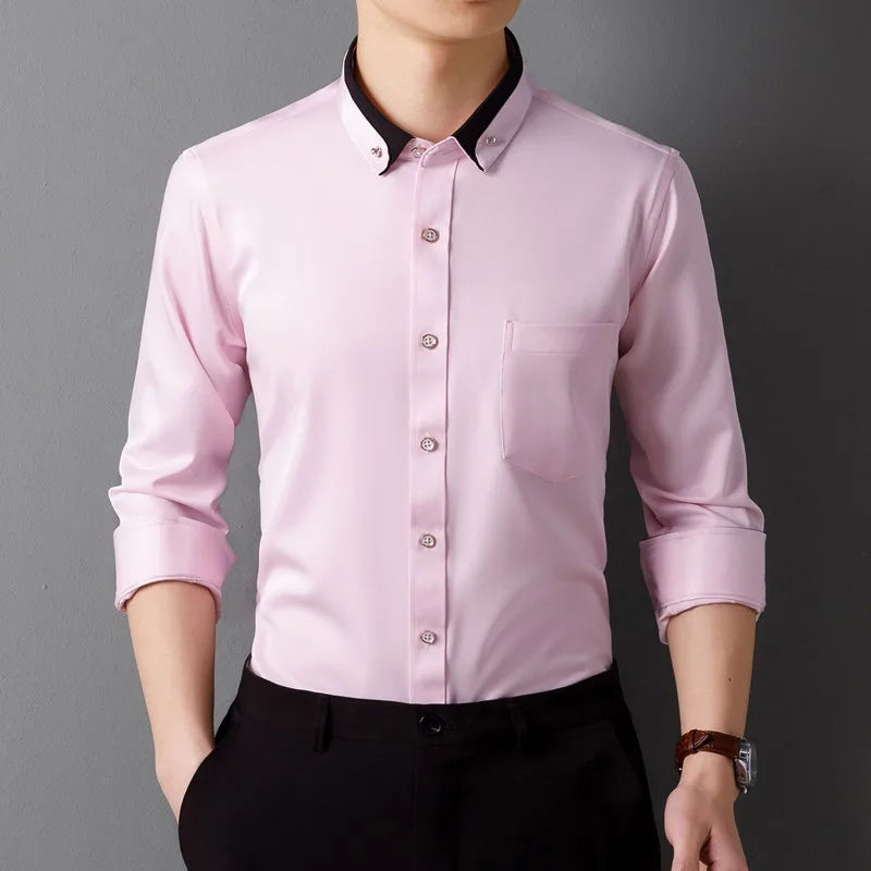 New Men Dress Shirts Long Sleeve Calssic Formal Business Social Solid Color Office Party Slim Fit White-Black-Red-Blue-Purple