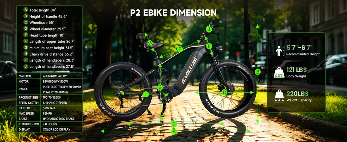 BAOLUJIE P2 Electric Bike for Adults，Long Rang 90 Miles Electric Bicycle，Peak 5000W Dual Motor 52V 23AH E bike，Max Speed 36 MPH