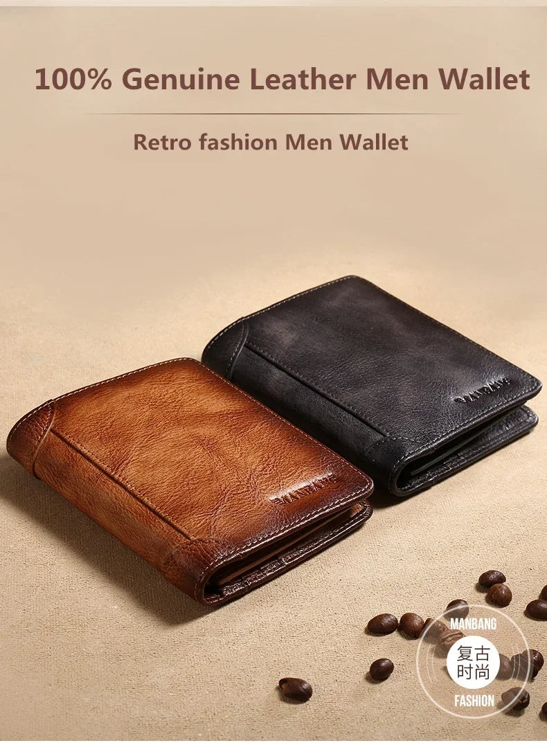 【Genuine Cow Leather / Gift Box】ManBang Luxury Men's Wallet RFID Short Trifold For Men with ID Window and Credit Card Holder