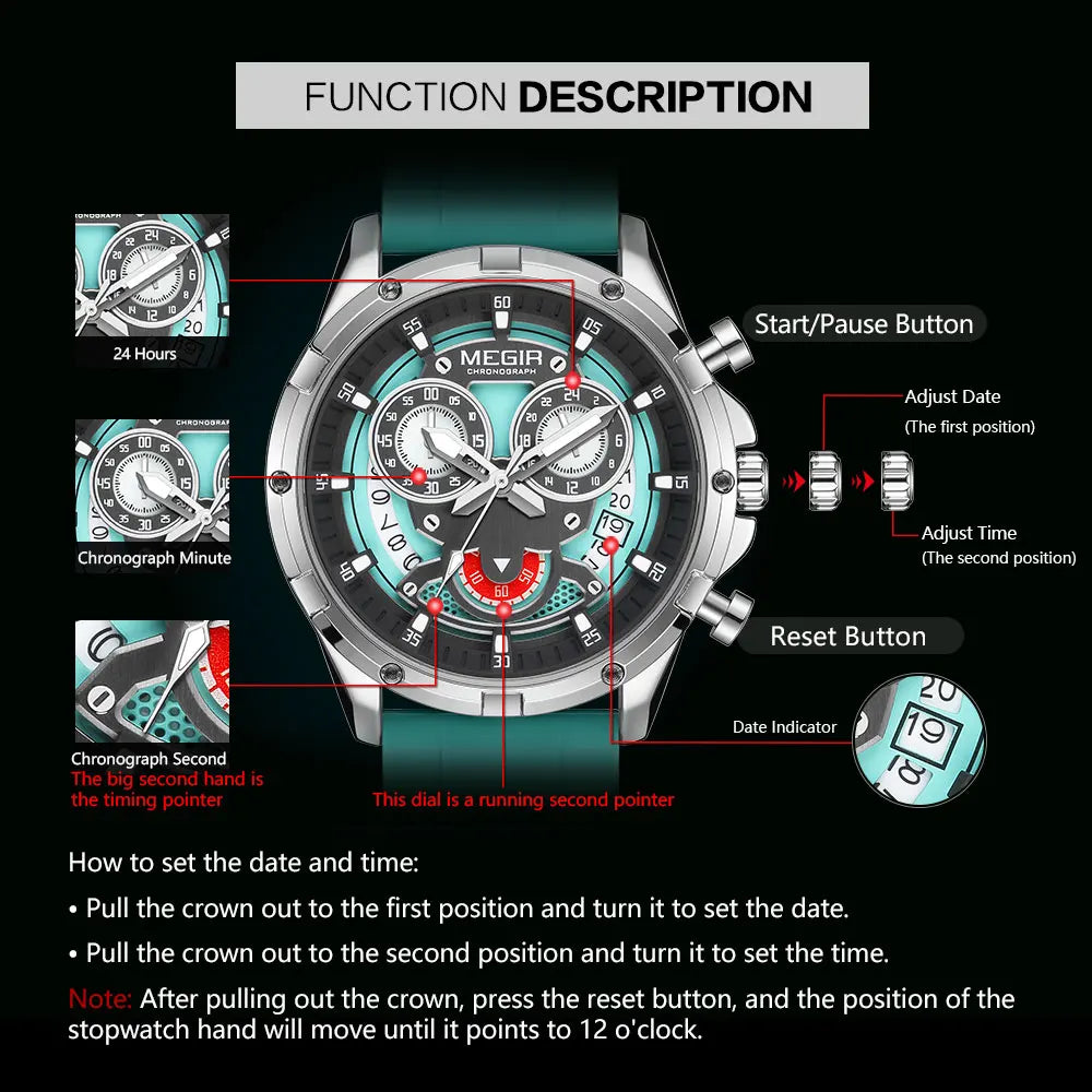 MEGIR New Sport Watches for Men Fashion Chronograph Quartz Wristwatch with Silicone Strap Luminous Hands Calendar Waterproof