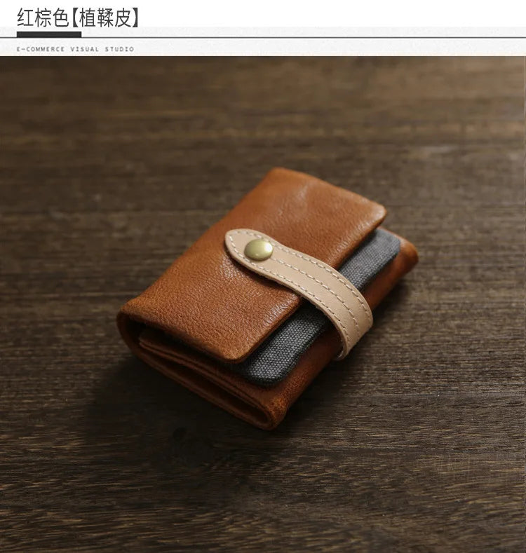 2025 Handmade Wallet Men's Short Leather Triple Fold Money Clip Cowhide Youth Buckle Student Vertical Vegetable Tanned Leather
