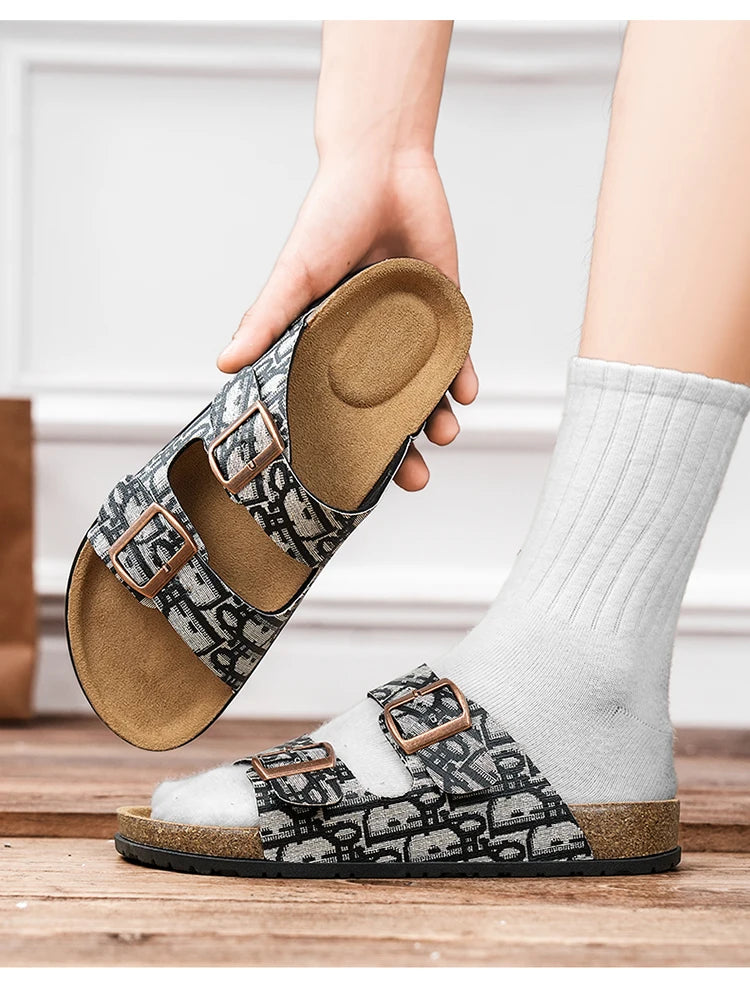 2025 Luxury Cork Slippers for Men Fashion Print Designer Slides Man Summer Mules Slippers Men Comfortable Brand Sandals Unisex