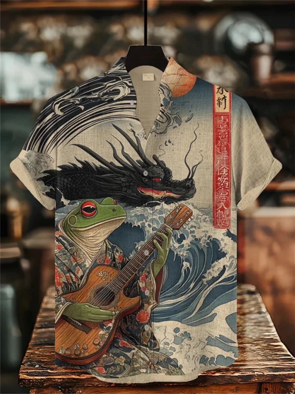 Men's Japanese Retro Art Print Short Sleeve Stand up Collar Linen Shirt Casual plus Size Fashion Fast Shipping