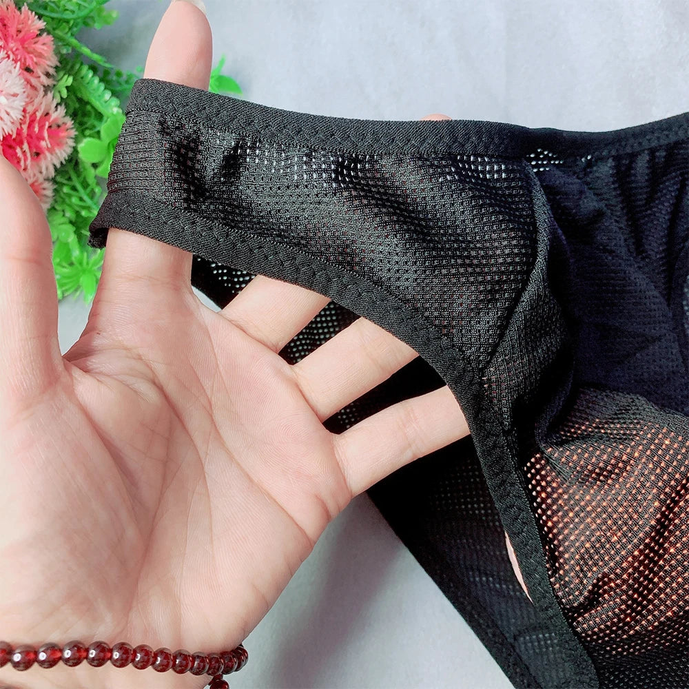 Men Sexy Briefs Sheer Mesh Underwear Low Waist See Through Pouch Underpants Cotton Breathable Solid Color Seamless Men's Panties