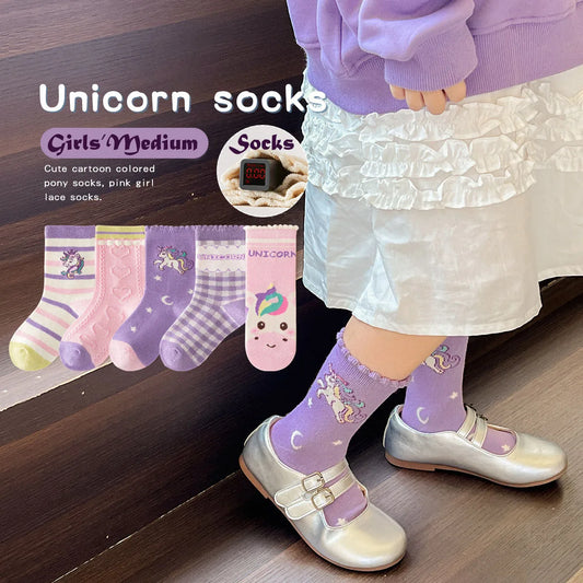 5 Pairs Children's Socks Spring Cotton Socks Girls Mid Calf Socks Purple Unicorn Cartoon Socks Girls Cute Pattern Socks