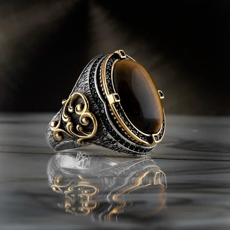 New Copper Material Open Adjustable Ring Amber Gemstone Personality High Jewelry Fashion Luxury Business Men's High-end Ring