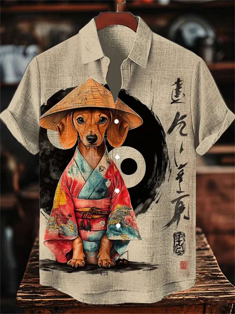Men's Fun Black Cat Warrior Art 3D Animal Printed Casual Shirt Summer Men's Short sleeved Shirt Hawaiian Top