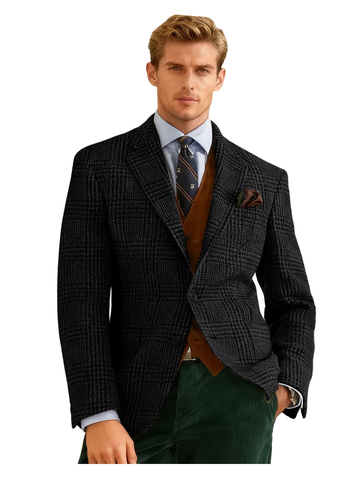 Autumn Winter Men's Suits Jacket Formal Single-Breasted Plaid Blazer Tweed Wear Tuxedos Business Casual Party Men Sport Coats