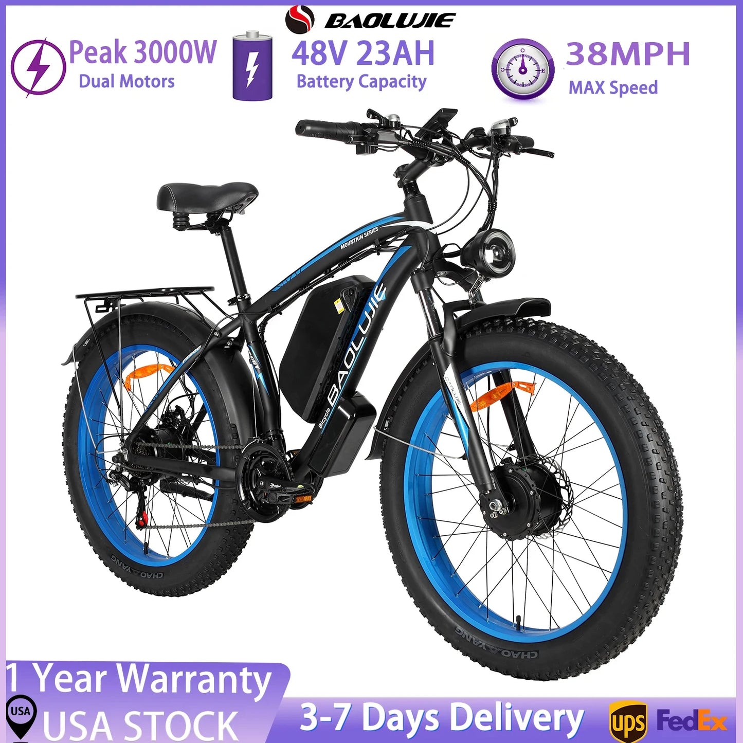 BAOLUJIE Adult E-bike Peak 3000W 48V23Ah Battery Commute Electric Bike,26-inch Tire City Ebike,38MPH Dual motor Electric Bicycle