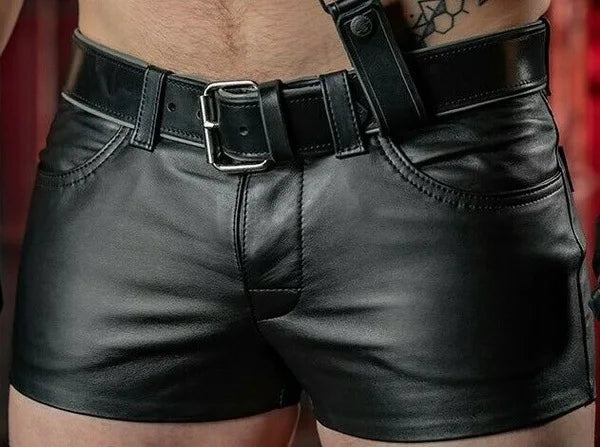 Mens  Leather Shorts  Summer Shorts(No Belt) Men's Black Shorts Black PU leather men's motorcycle shorts