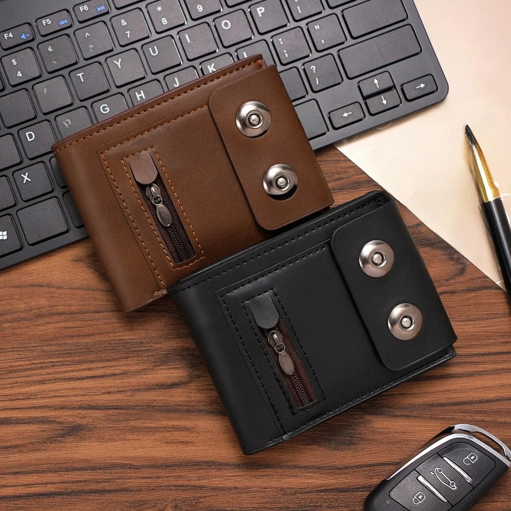 Luxury PU Leather Men's Wallet Anti-Theft Solid Color Short Card Bag Large Capacity Magnetic Buckle Business Wallet Male
