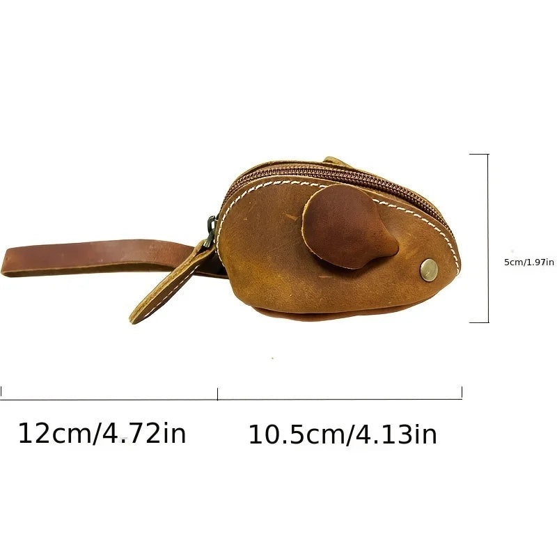 Cute Mini Mouse-Shaped Leather Wallet - Durable Brown, Zippered, Ideal for Men & Women, Perfect for Organizing Small Items