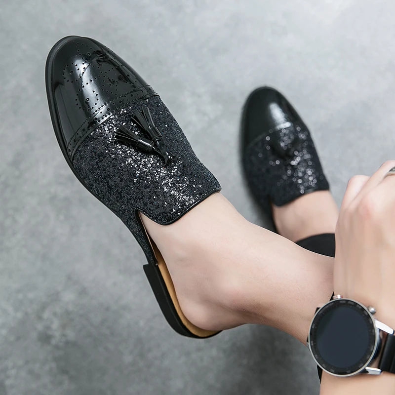 2024 New Luxury Designer Men's Casual Bling Leather Loafers Italian for Men Half Shoes Mules Male Black Slides Business Slippers