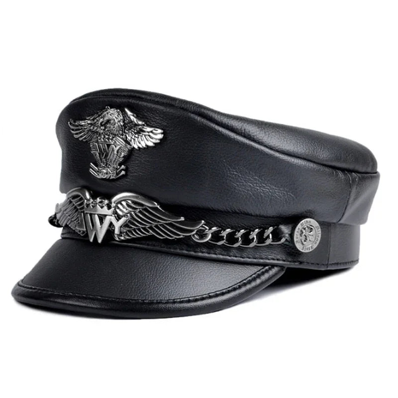 Unisex German Military Cap Man Genuine Leather Flat Top Hat Korean Fashion Eagle Mark Chain Punk Locomotive Casquette Male