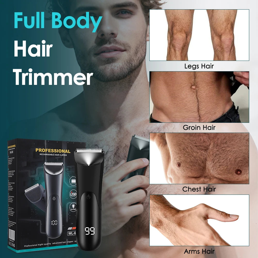 Electric Body Hair Trimmer for Men Ceramic Blade Head Pubic Ball Shaver Hair Removal Bikini Groin Trimming Clipper Beard Razor