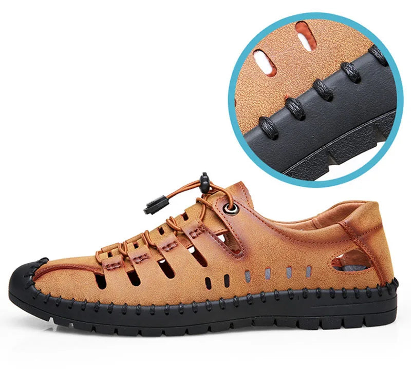 New 2025 Summer Shoes Men Sandals Genuine Leather Flat Non-slip Holiday Fashion Male Footwear Black Yellow D326