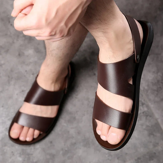 Summer Dress Men Sandals Leather New 2025 Fashion Vintage Men Shoes High Quality Soft Comfort Casual Flats Beach Male Slippers