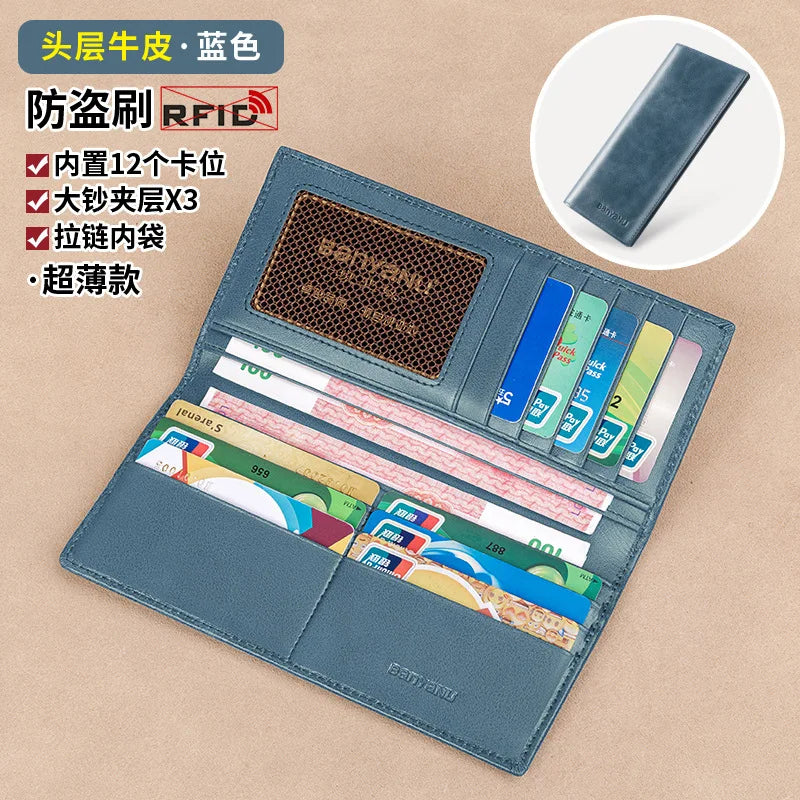 Banyanu Leather Factory Wallet Men's Long Leather Ultra Thin Anti theft Brushed Leather Wallet with Zipper Leather Wallet