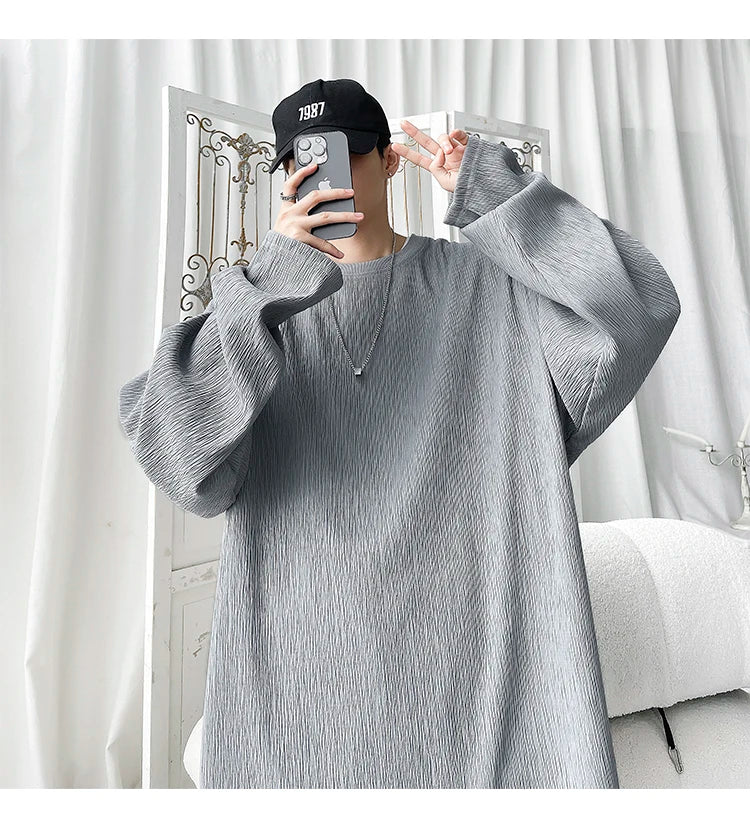 Men's High Street Long Sleeve T-Shirt - Trendy Casual Top Loose Fit Comfortable Wear, Modern Minimalist Style, Everyday Essentia