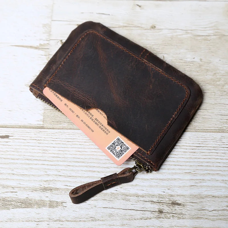 Hand-Made Leather Mini Wallet Man Retro First-Layer Cow Pickup Bag Change Purse Crazy Horse Leather Simple Driver's License Bag