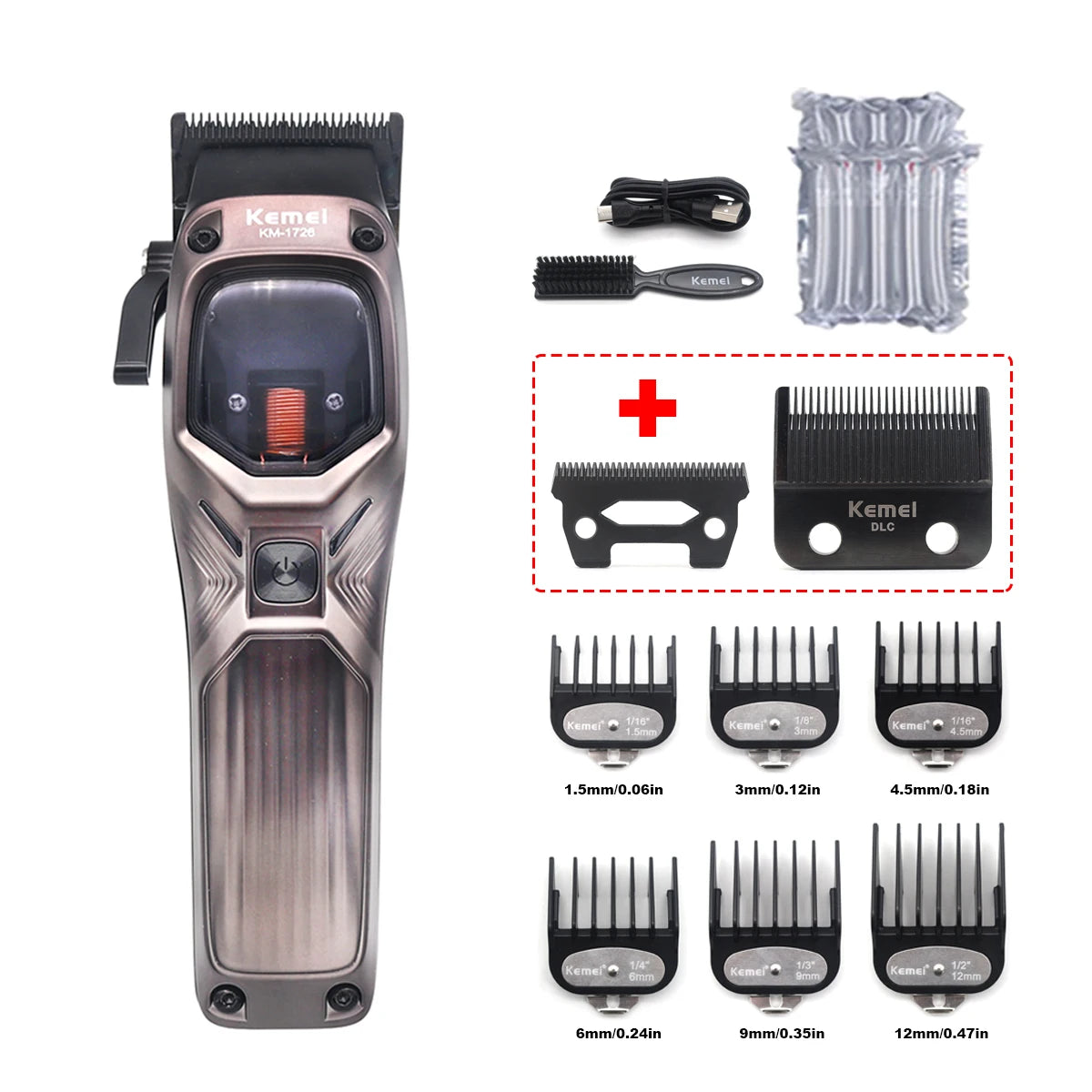 KEMEI KM-1726 Hair Clippers Men Professional with DLC Blade 10000RPM Magnetic Vector Motor Professional Hair Cutting Machine