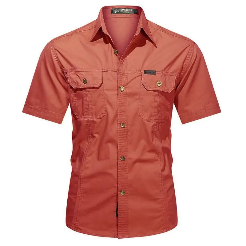 Summer men's thin short sleeved shirts, men's outdoor work clothes, multi bag half sleeved tops, pure cotton washed shirts