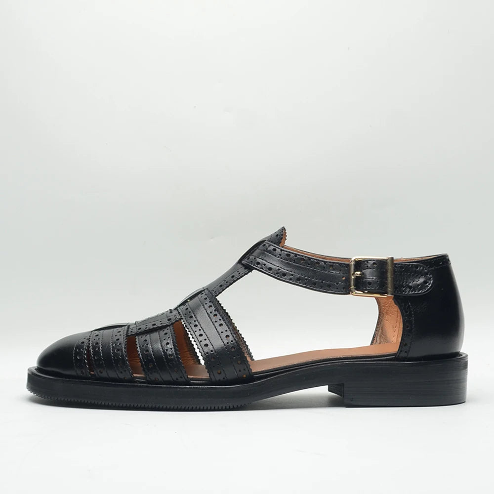Luxury Designer Men's Summer Sandals Genuine Leather Brogue Carving Man Shoes Formal Events Social Buckle Strap Men Slippers
