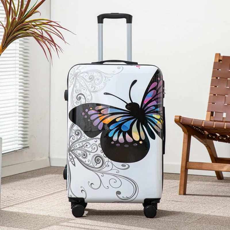 Butterfly Pattern Luggage 20 Inch Large Capacity Rolling Travel Suitcase with Password Lock for Vacation And Business Trips