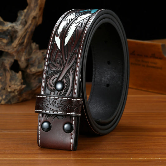 1 Pair of Genuine Leather Men's Belts (Without Buckles), Embossed Design, Feather Pattern Button Design, Convenient and Versatil