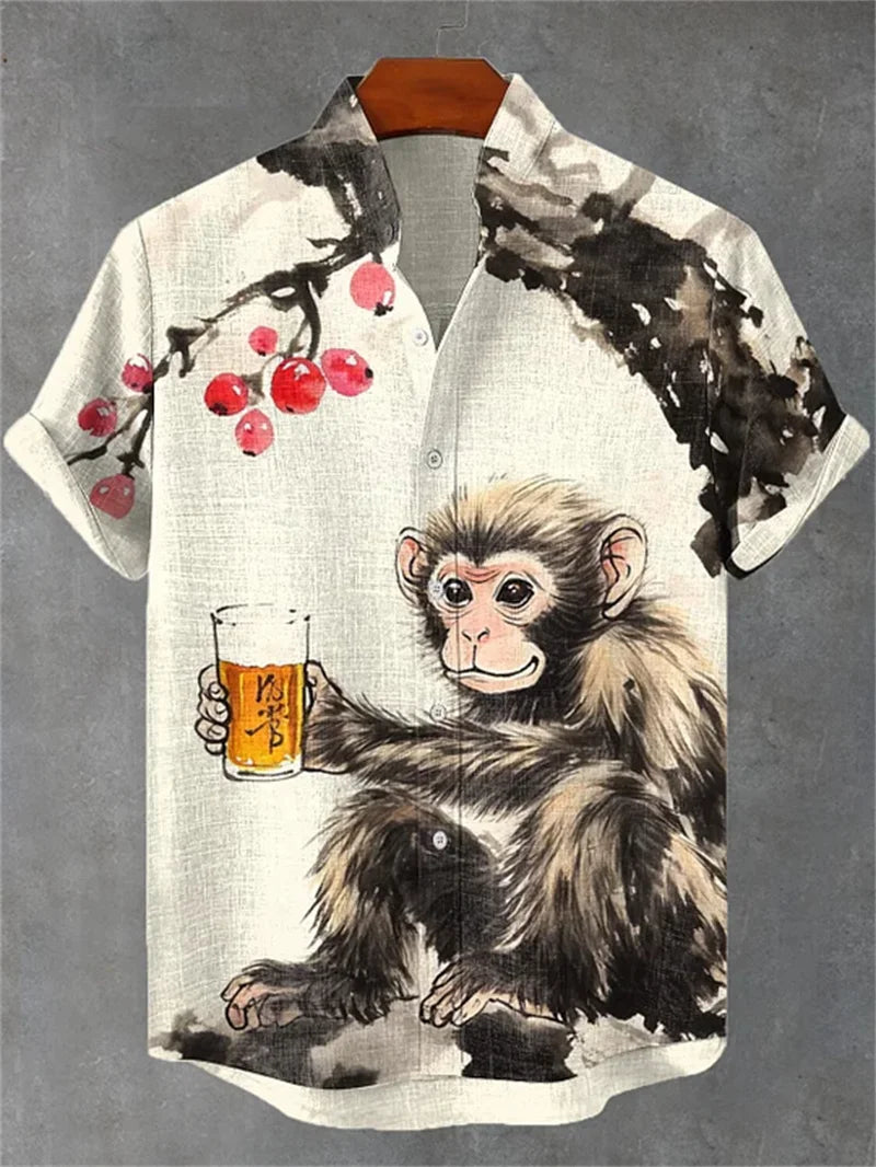 Men's Cat Ocean Art Shirt 3D Floral Print Casual Linen Hawaiian Shirt Summer Men's Short Sleeve Shirt Beach Top